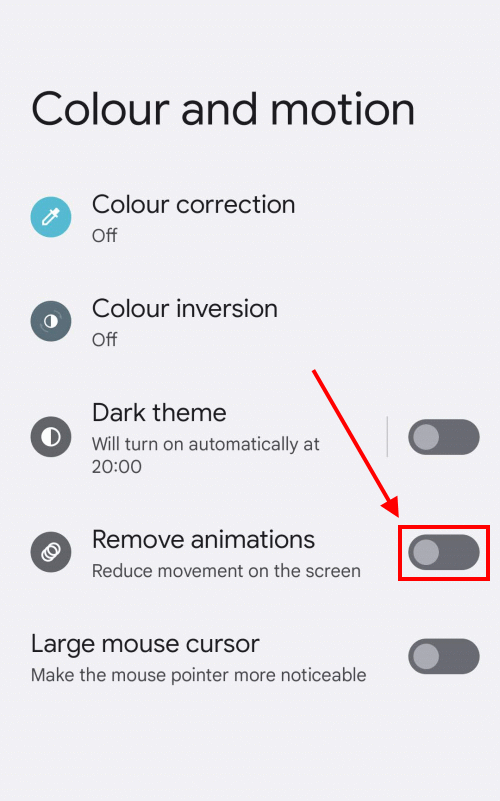 Tap the toggle switch for Remove animations to turn it on